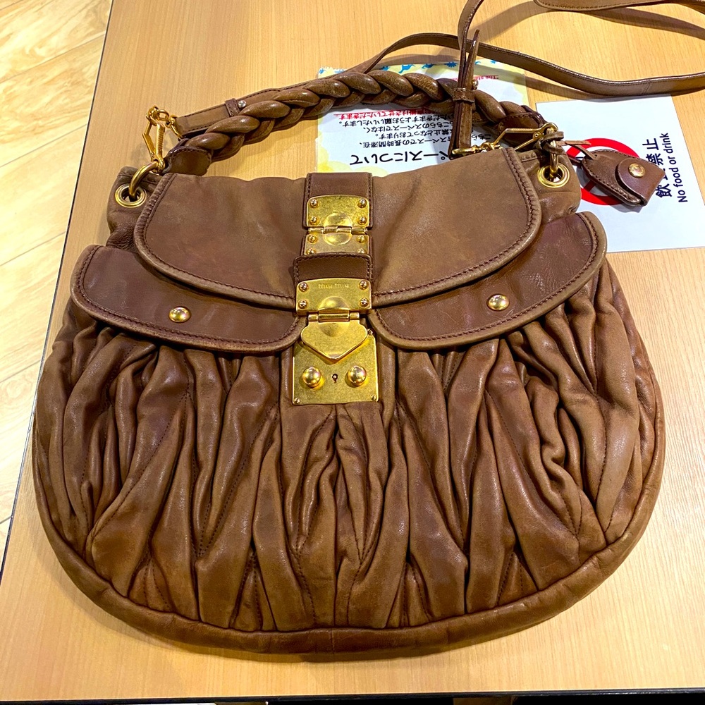 Miu Miu Brown Leather Pleated Hobo Bag - Picture 2 of 7